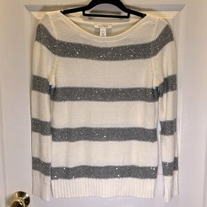 White House black market off-white sweater with sequin gray striping size small